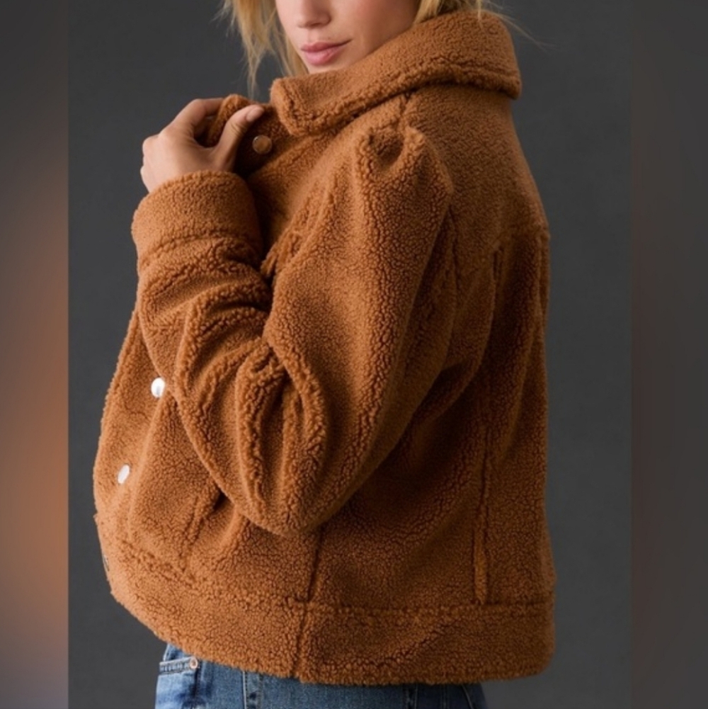 NWOT Anthropologie Avec Les Filles Teddy Sherpa Trucker Jacket in Caramel Brown - Picture 3 of 13